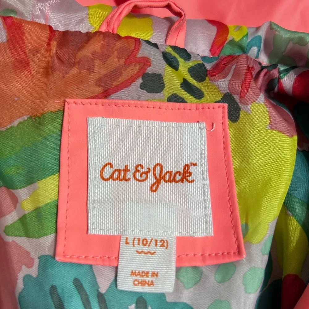 Cat And Jack Girl Rain Jacket L Pink Hooded Floral Lined Lightweight Windbreaker